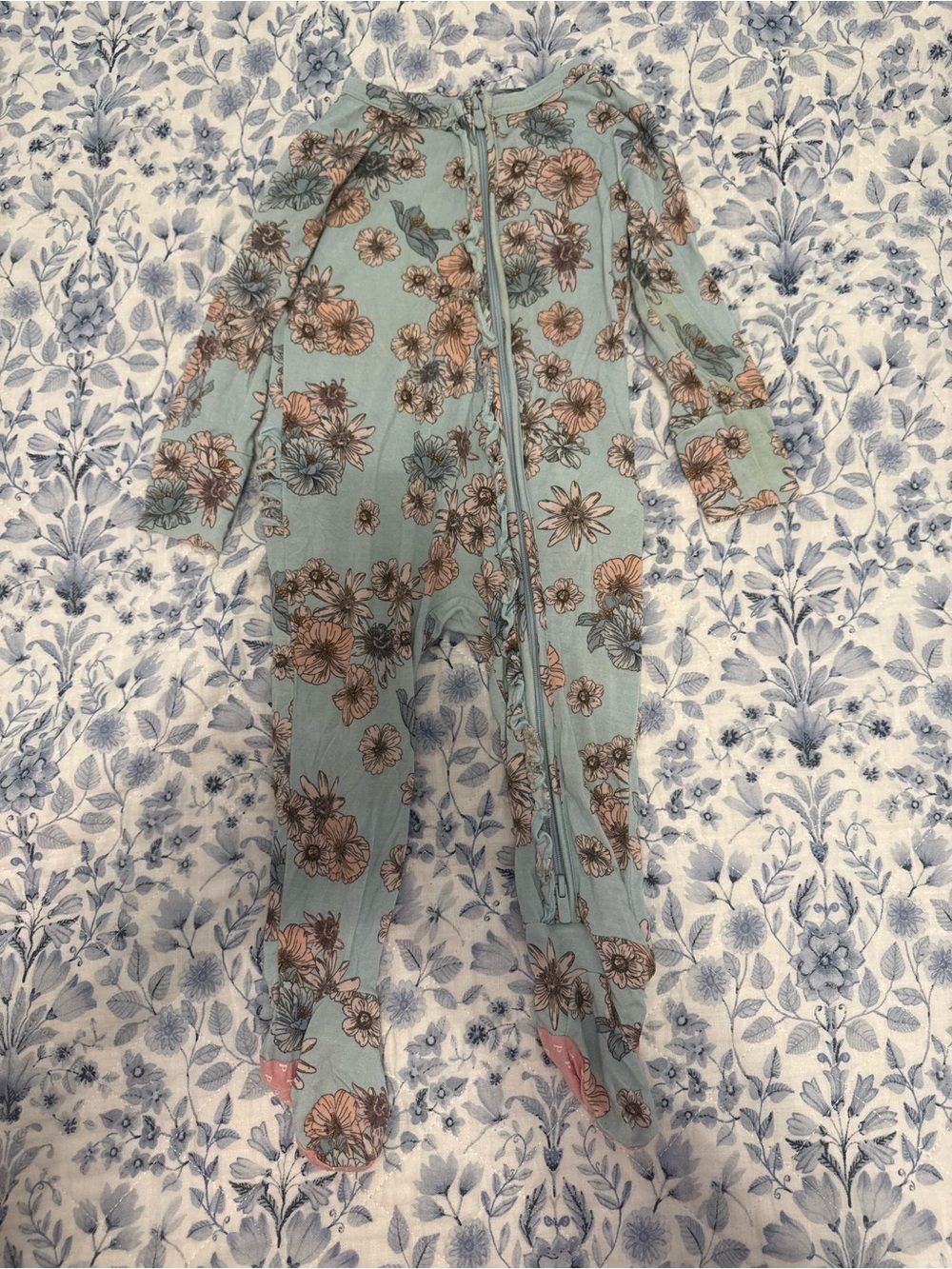 Posh Peanut light Blue Floral Footed Jumpsuit with Pink & Brown Flowers